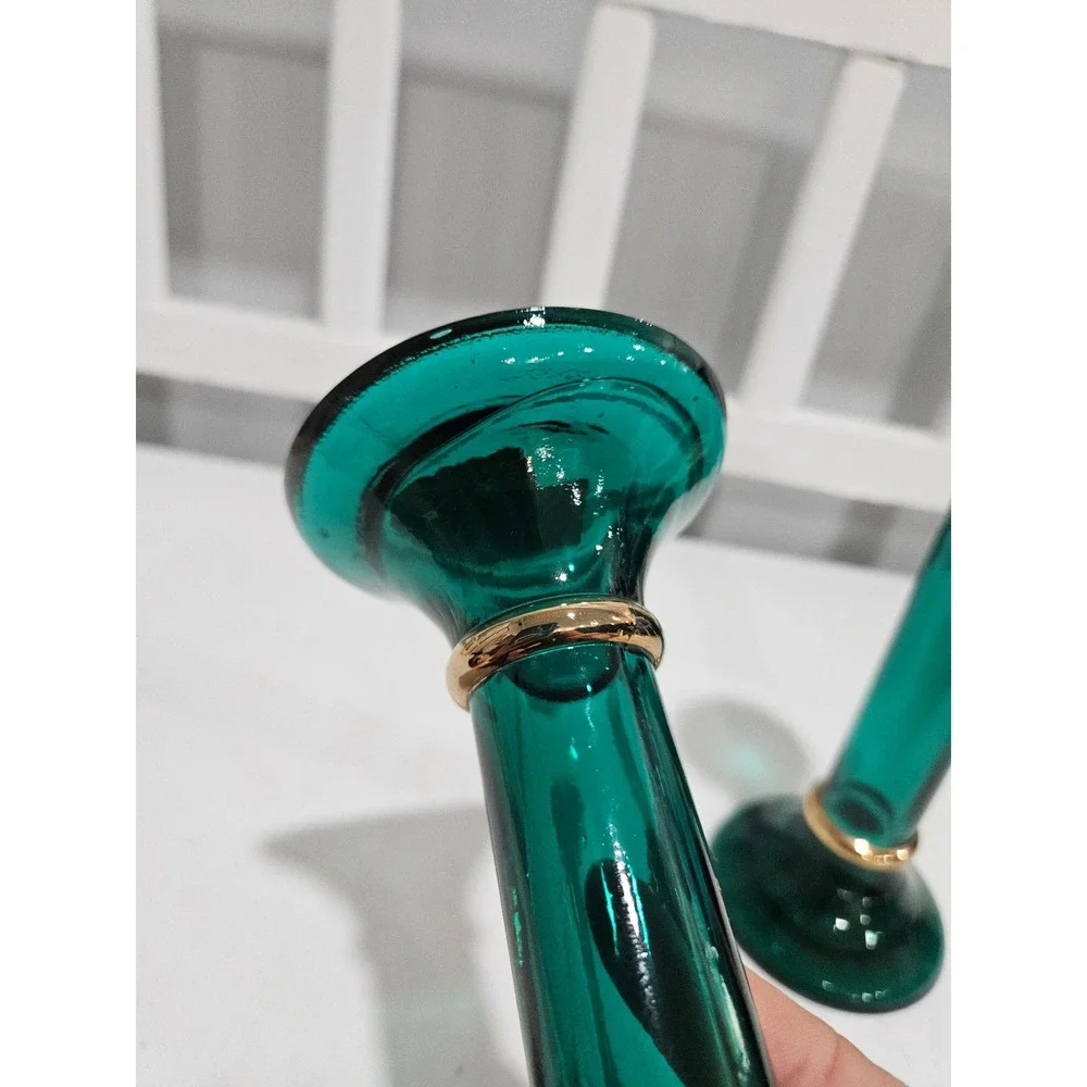Vtg Pier 1 Emerald Green Glass Blown Glass Candle Holders, Made in Spain, 7.75